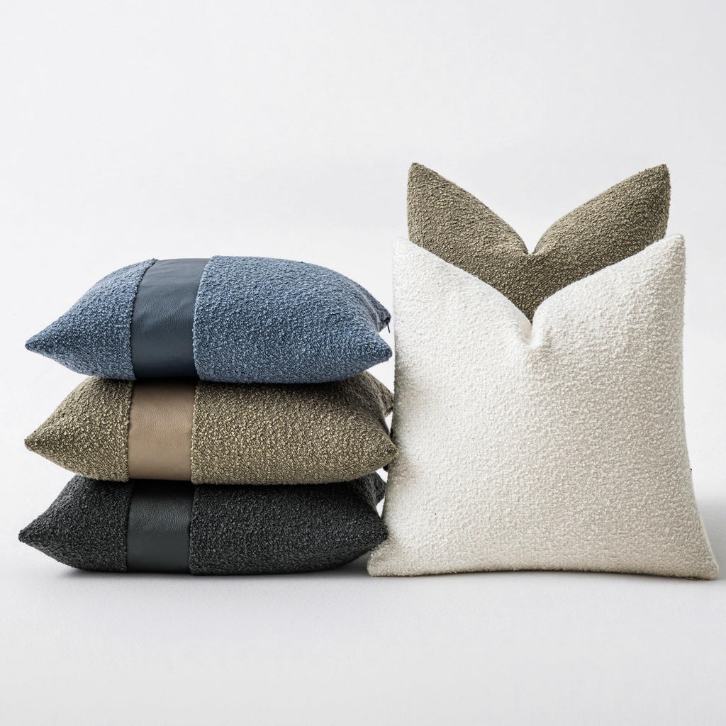 18"x18" Charcoal Black Boucle Throw Pillow Covers with Faux Leather Accents Set of 2 Fluffy Textured Decorative Pillow Cases for Couch Bed Boho Farmhouse Square Cushion Covers for Nordic Home