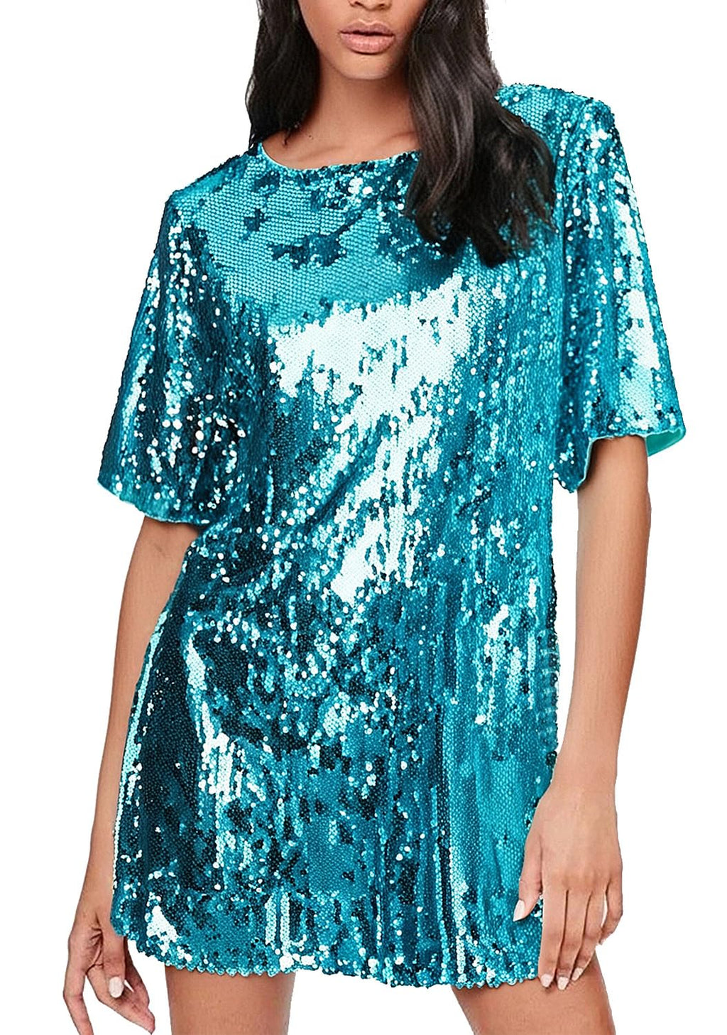 Women's Crew Neck Sequin Dress for Women Sexy V Neck Shirt Dress Sparkly Half Sleeve Loose Party Club Cocktail Dress