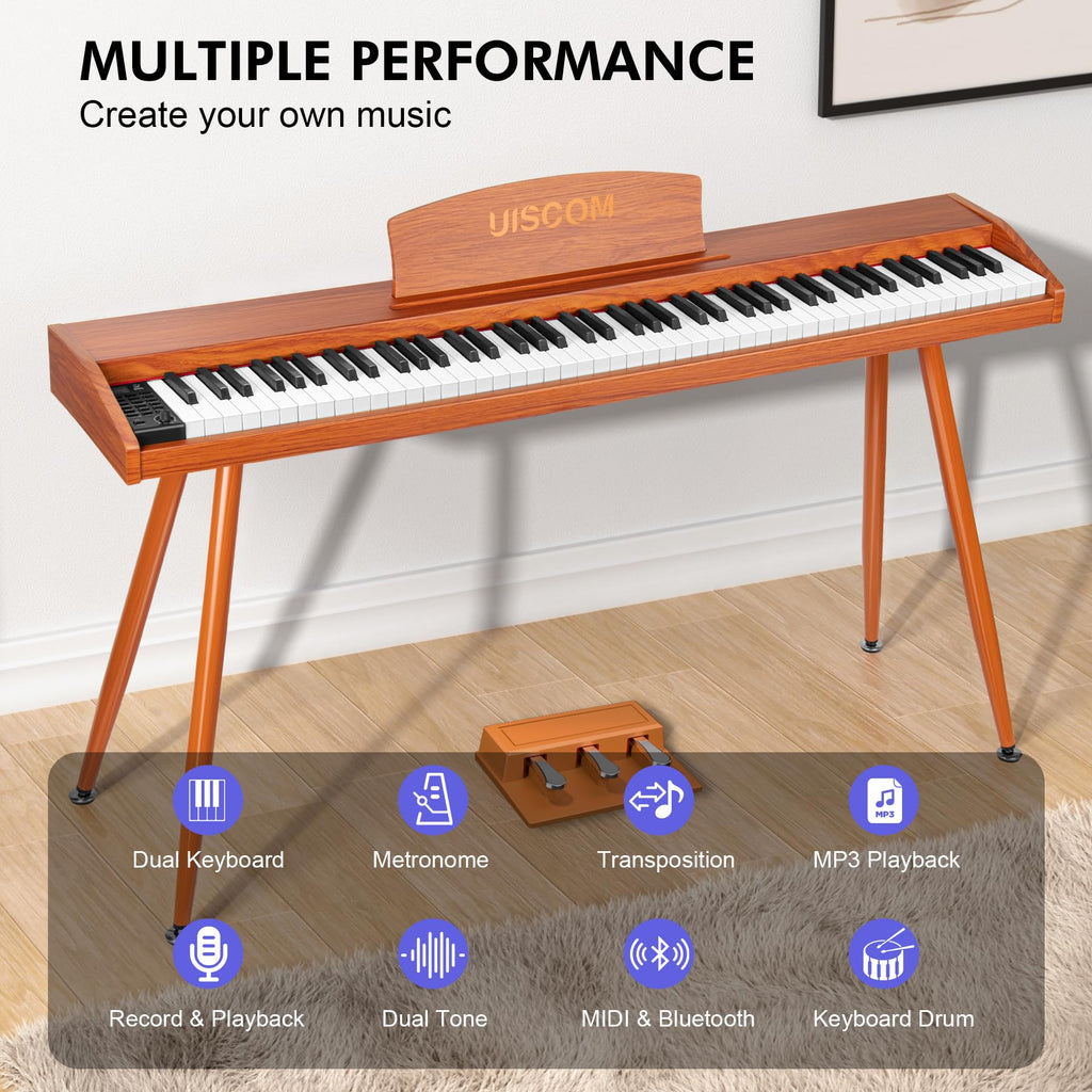 UISCOM Digital Piano Keyboard for Beginners, Full Size 88 Key Semi-Weighted Keyboard Electric Piano with Stand,Power Adapter,Sheet Music Stand,Pedal,Headphone,USB-MIDI Compatible,Wood Grain Apricot