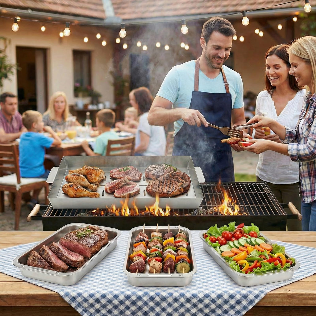 BBQ Vegetable Grill Basket Set, 4 Piece Stainless Steel Grill Pan Set with Universal Handle & lid, Dishwasher Safe, for Outdoor Cooking, Camping, Picnic, For Grilling Fish Veggies & Meats