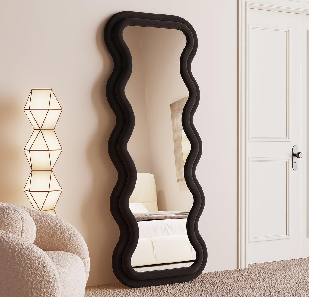 BOJOY Full Length Mirror, 63" x 24" Wall Mirror, Flannel Wrapped Wooden Frame Floor Mirror, Irregular Wavy Mirror Hanging or Leaning Against Wall for Cloakroom/Bedroom/Living Room, Black