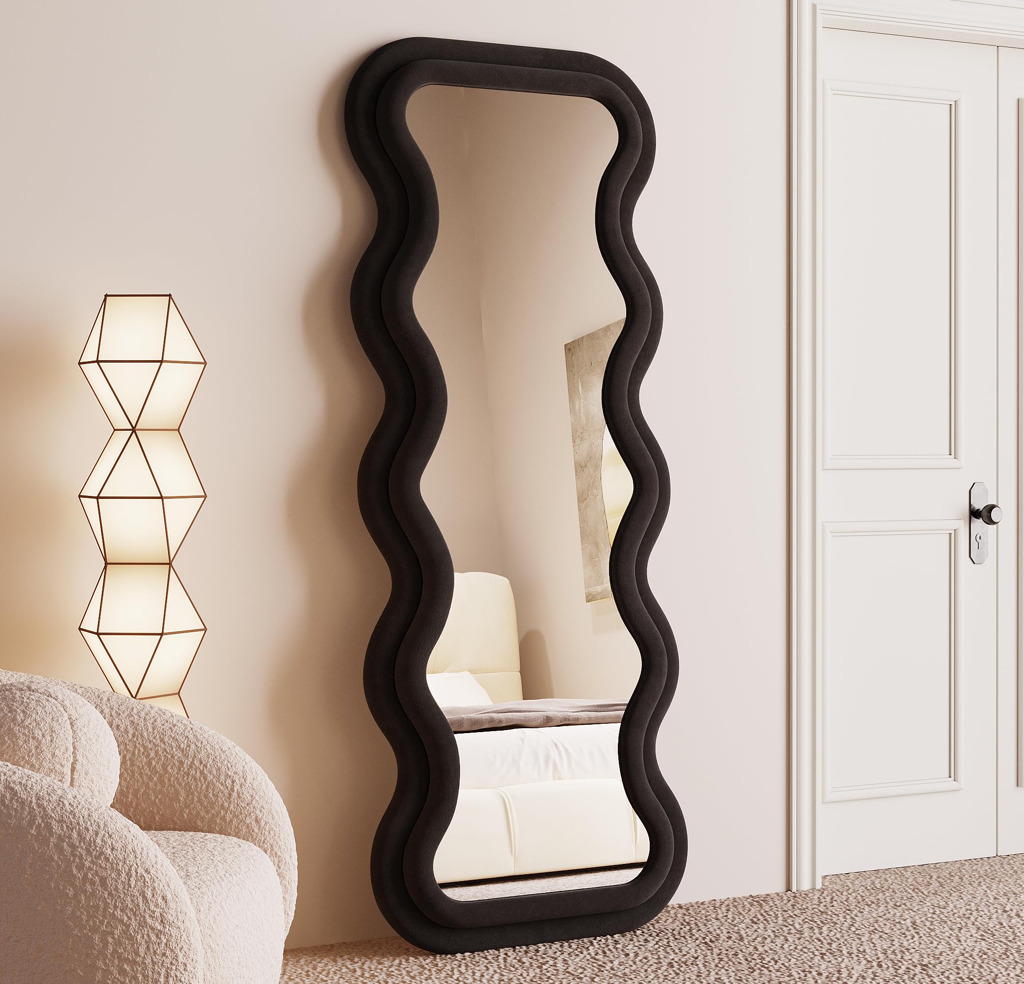 BOJOY Full Length Mirror, 63" x 24" Wall Mirror, Flannel Wrapped Wooden Frame Floor Mirror, Irregular Wavy Mirror Hanging or Leaning Against Wall for Cloakroom/Bedroom/Living Room, Black