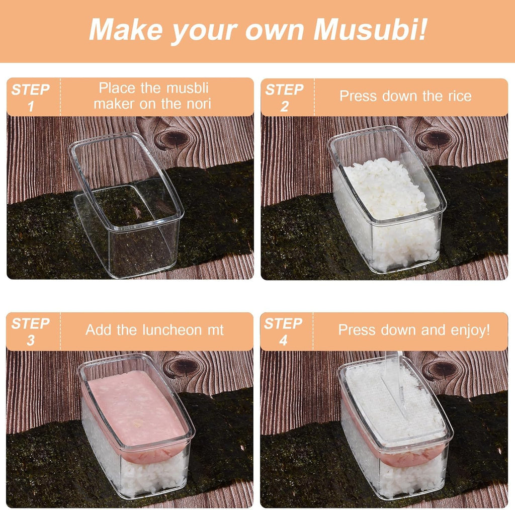 3-Piece Clear Musubi Maker Kit with Luncheon Meat Slicer - Non-Stick Onigiri Press Mold, BPA-Free Sushi Mold for Hawaiian Musubi