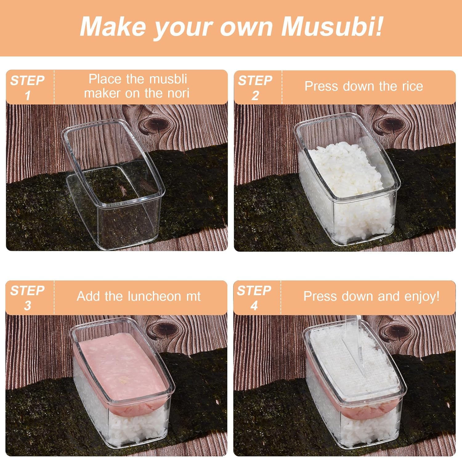 3-Piece Clear Musubi Maker Kit with Luncheon Meat Slicer - Non-Stick Onigiri Press Mold, BPA-Free Sushi Mold for Hawaiian Musubi