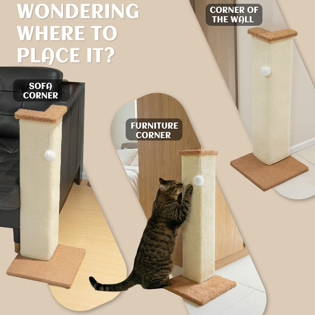 PETKARAY Couch Corner Cat Scratcher, 28.5" Sisal Scratching Post for Cats | Corner Wall Scratch Pad for Furniture Protection, Large Vertical Cat Scratching Post with Plush Base