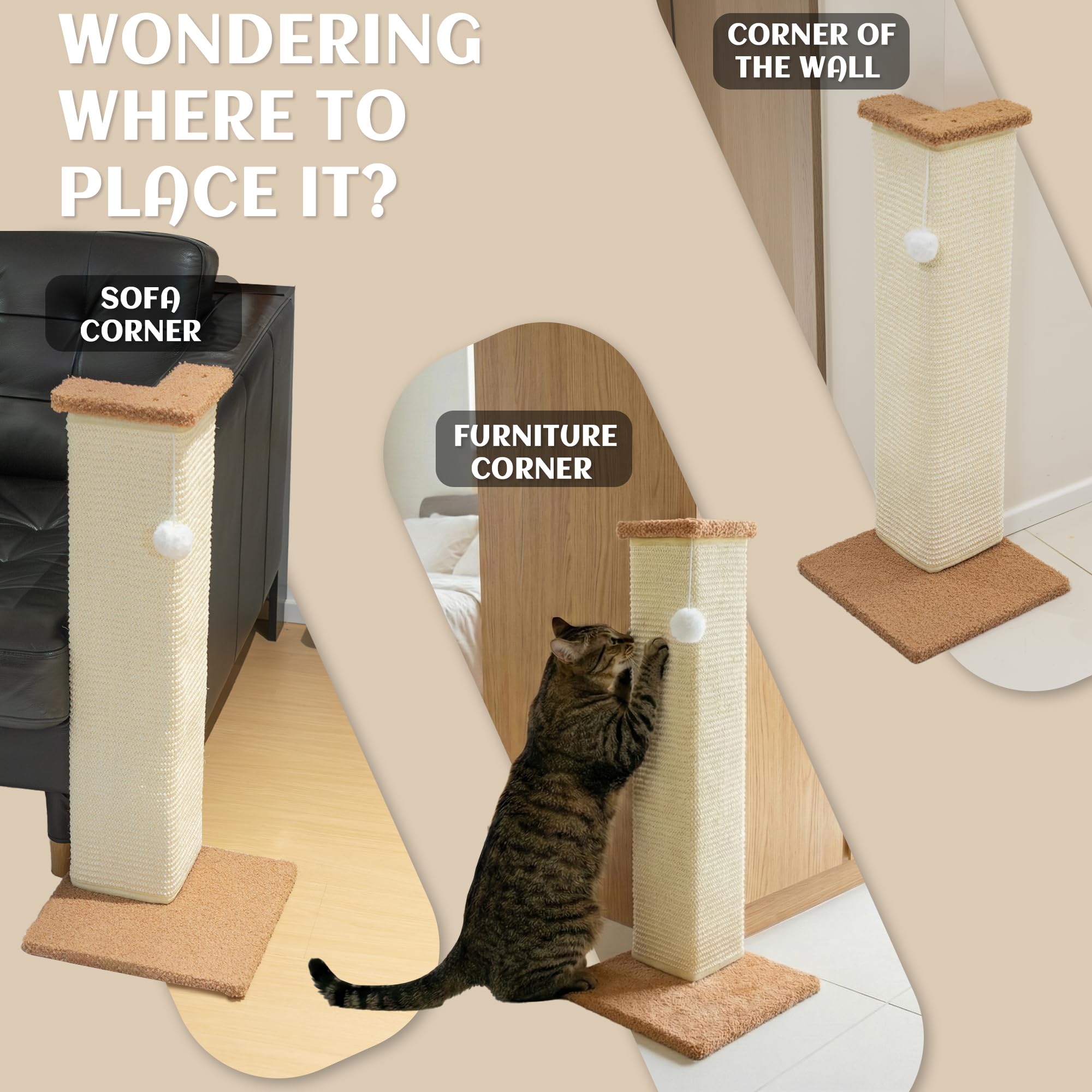 PETKARAY Couch Corner Cat Scratcher, 28.5" Sisal Scratching Post for Cats | Corner Wall Scratch Pad for Furniture Protection, Large Vertical Cat Scratching Post with Plush Base