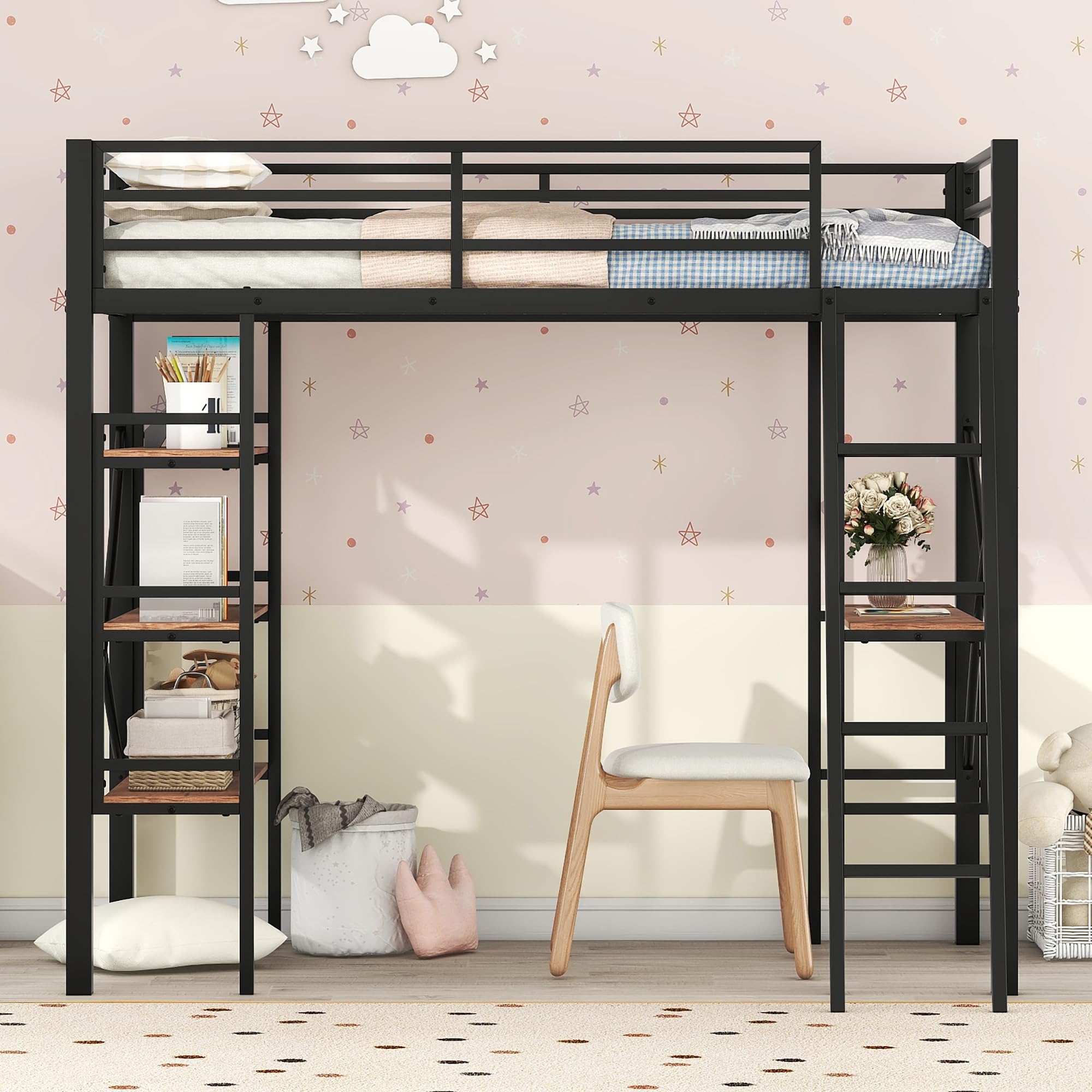 DNYN Twin Size Loft Bed with Desk & Storage Drawers& Table Set for Kids Bedroom,Covertible Twin-Over-Twin Bunkbeds Design,Easy Assemble & Space Saving & No Box Spring Needed,for Small Space, Black