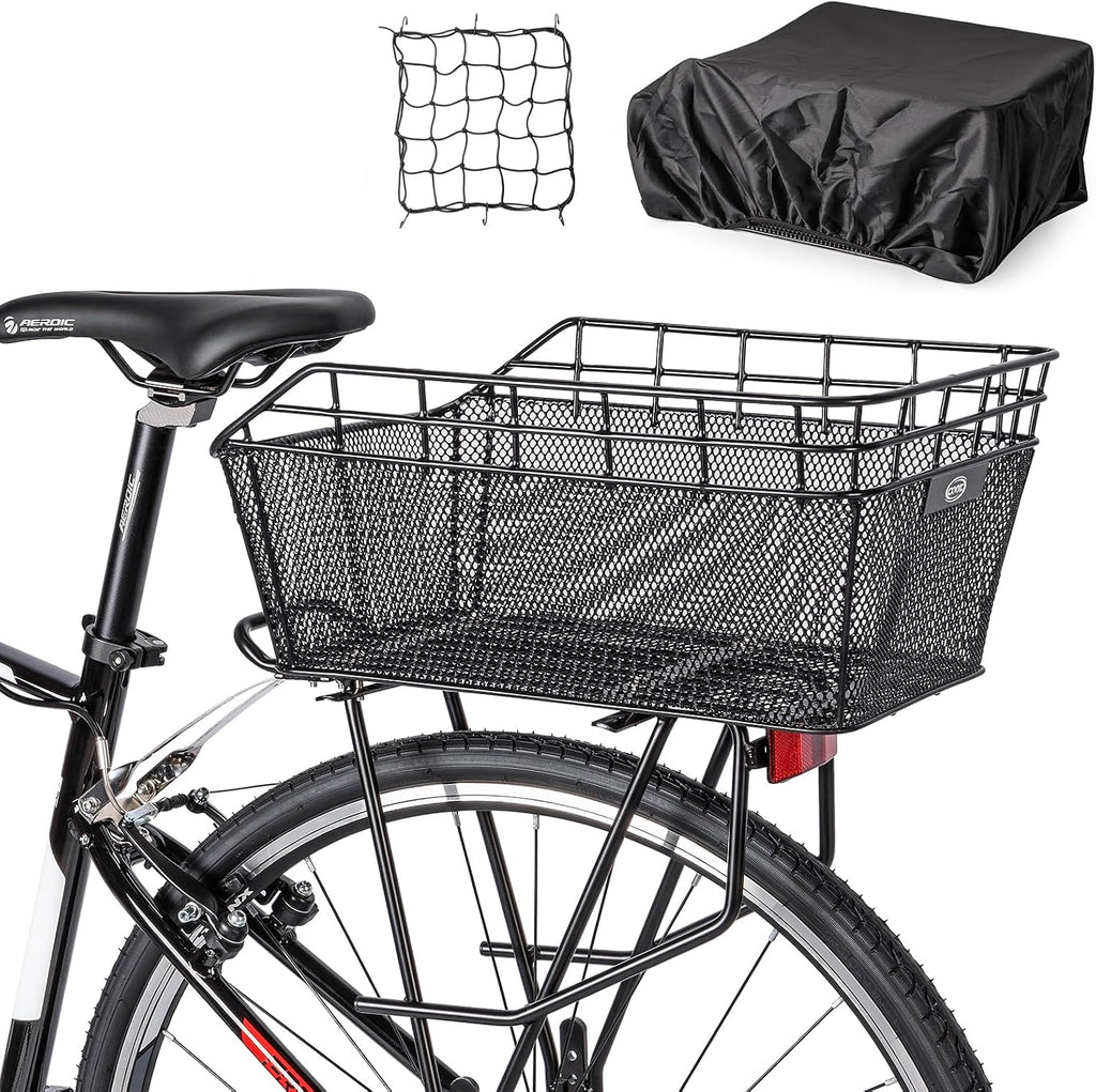 Rear Bike Basket - Large Bicycle Rear Basket with Cargo Net and Waterproof Cover, Wire Bike Baskets Rear Large Capacity (NO Bike Rack Included)