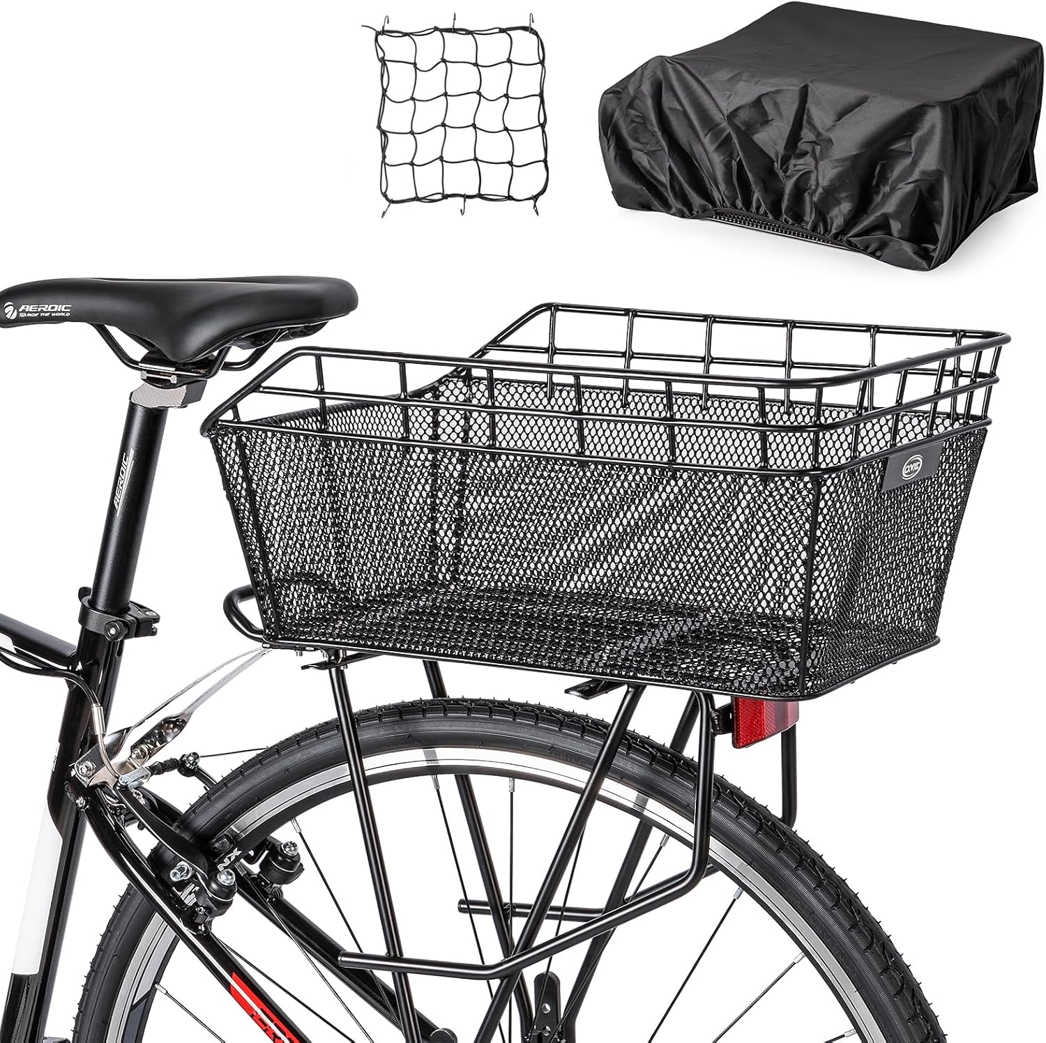 Rear Bike Basket - Large Bicycle Rear Basket with Cargo Net and Waterproof Cover, Wire Bike Baskets Rear Large Capacity (NO Bike Rack Included)