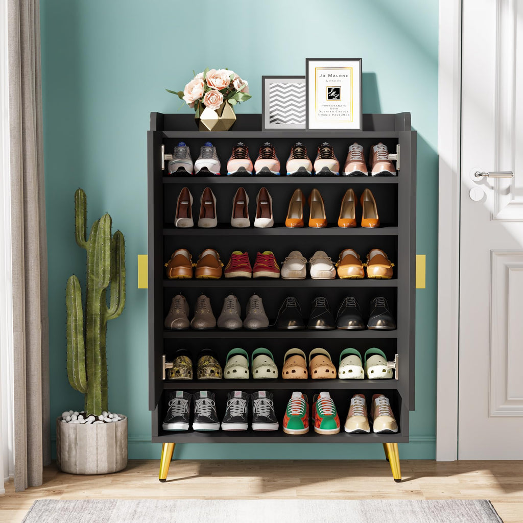 Tribesigns Shoe Cabinet with Doors, 7-Tier Shoe Storage Cabinet with Adjustable Shelves, Wooden Shoes Rack Shoe Storage Organizer for Entryway, Hallway, Closet, Living Room, Black