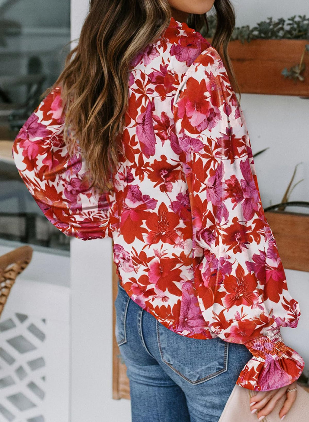 Biucly Women's Casual Boho Floral Print V Neck Long Sleeve Drawstring Tops Loose Blouses Button Down Shirts