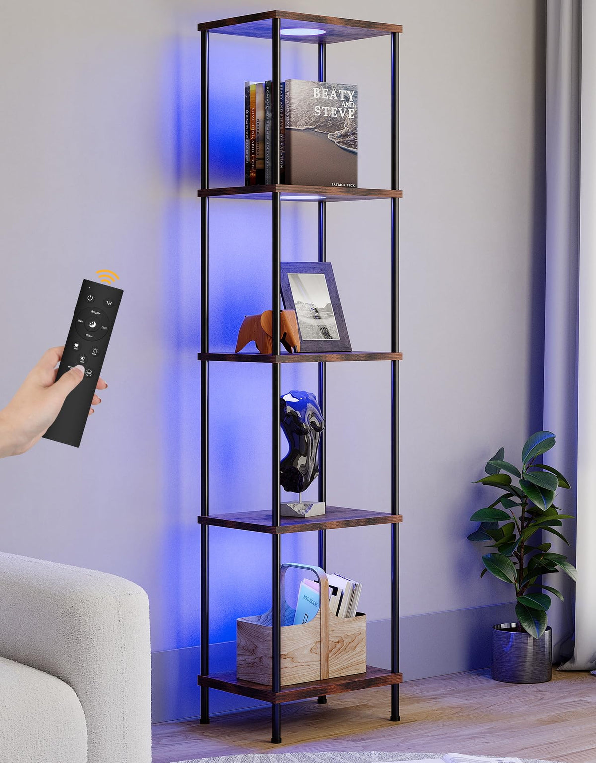 Display Shelf with RGBW Light, Color Changing Curio Cabinet Floor Lamp with Shelves Corner Standing Column Lamp Etagere Organizer Tower Nightstand Bookcase for Living Room Bedroom Office Décor Black