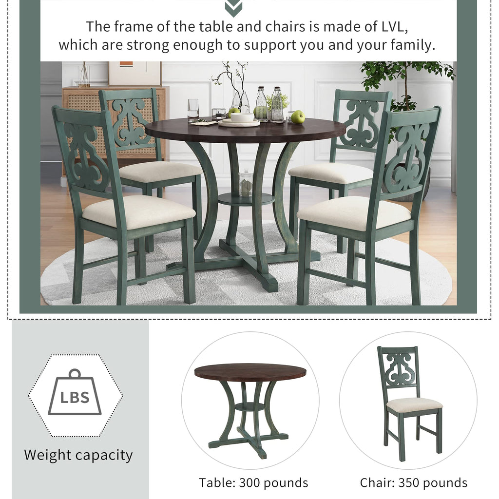 LUMISOL 5-Piece Dining Table Set for 4, Farmhouse Round Kitchen Table Set with Special Shaped Legs and 4 Upholstered Chairs for Kitchen, Dining Room, Small Space, Antique Blue