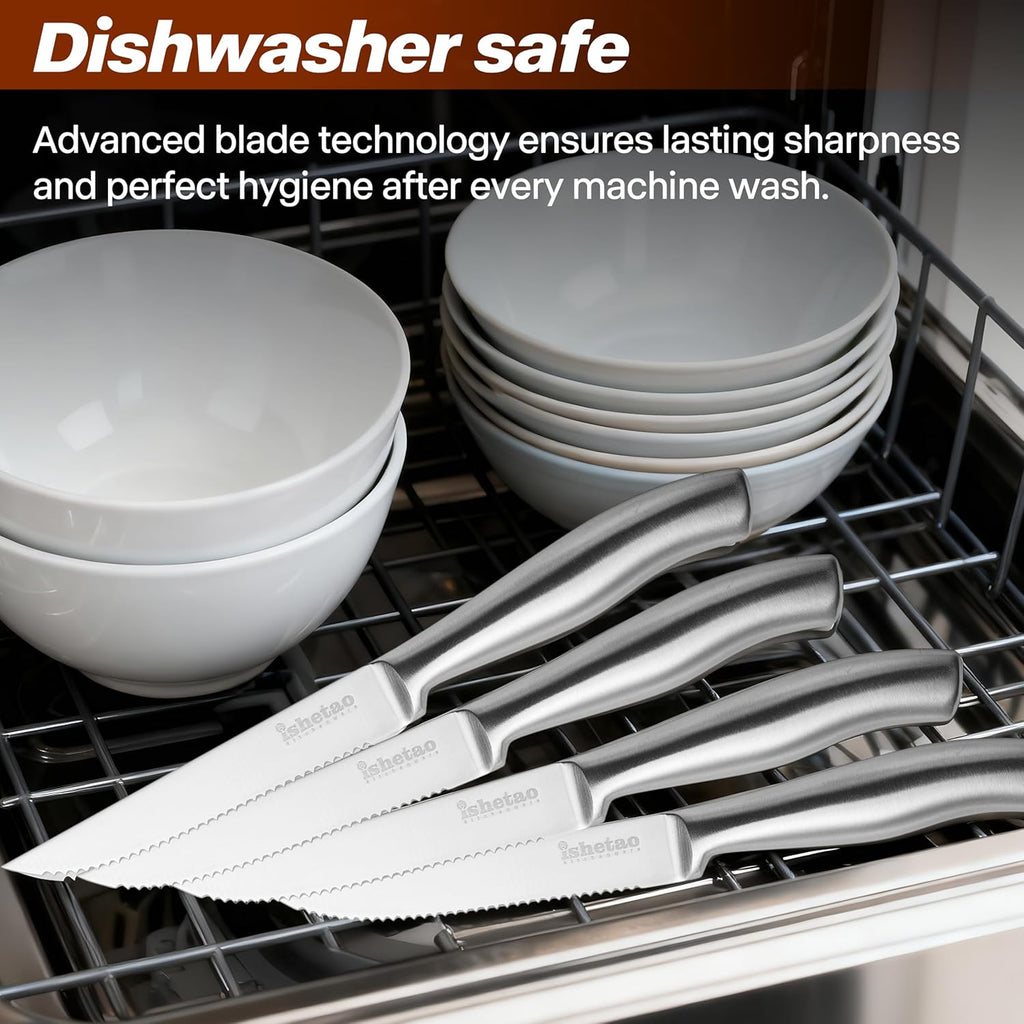 Steak Knife Set of 6, 4.5 inches Dishwasher Safe High Carbon Stainless Steel Knives, Silver