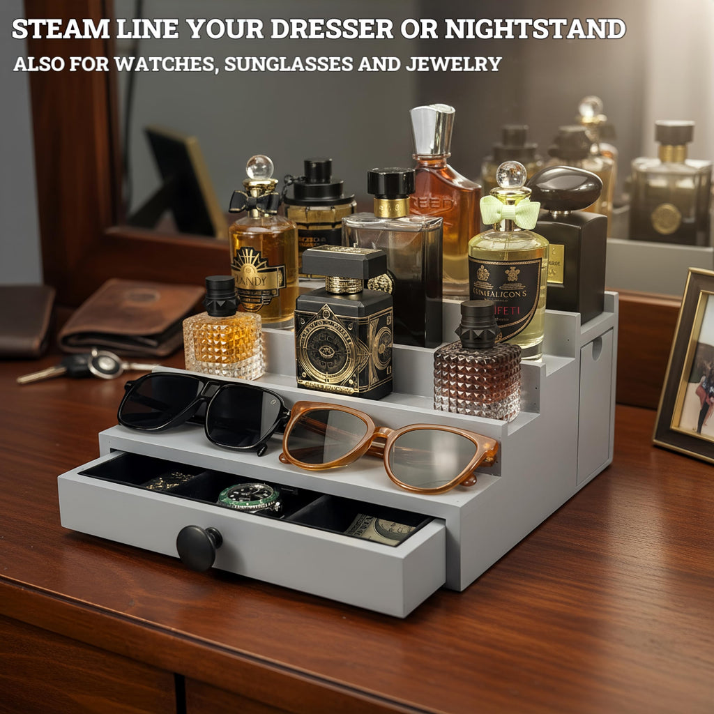 Wooden Cologne Organizer for Men 3 Tier | Black Perfume Holder Shelf for Dresser | High Grade Velvet Lining and Stylish Gift Box | Uncluttered Design Perfume Display Stand