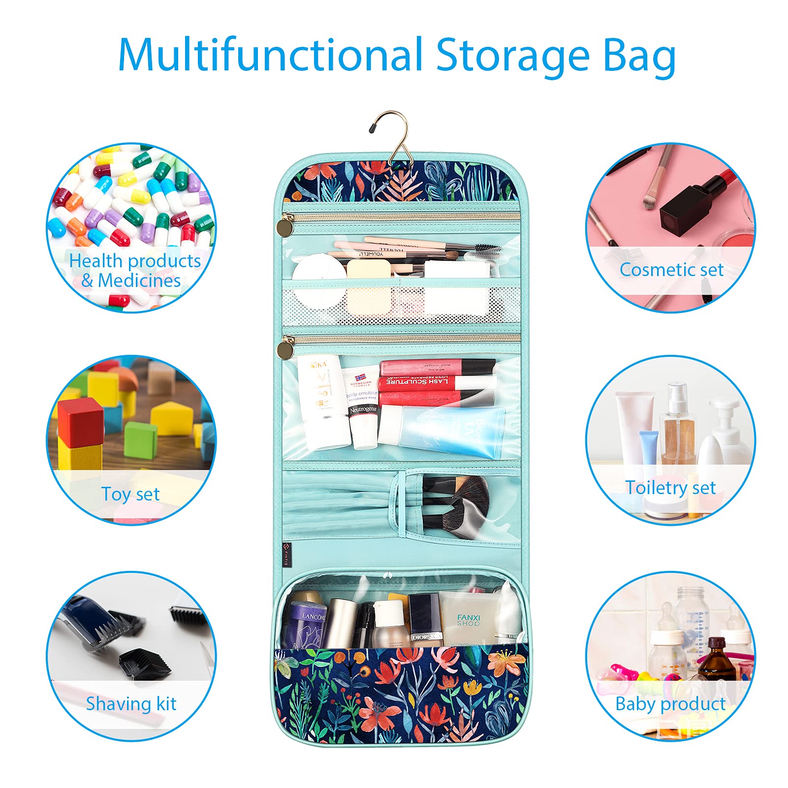 FINTIE Portable Toiletry Cosmetic Travel Bag, Large Water Resistant Hanging Makeup Organizer Storage Pouch Case for Women Girls (Blooming Hibiscus)
