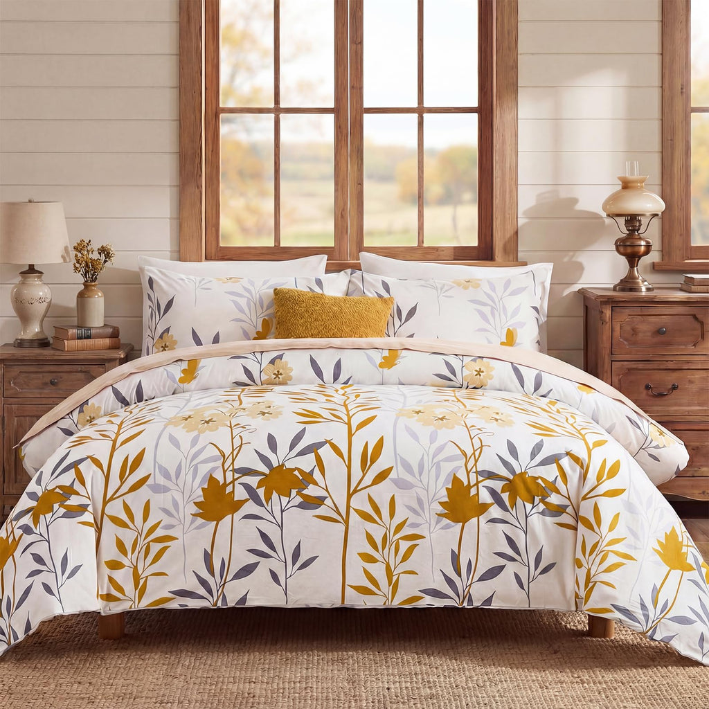 100% Natural Cotton Comforter Set Queen 3 Pcs Grayish Blue Bedding Sets with Luxurious Damask Pattern, Reversible Breathable Soft Comforter Sets for All Season