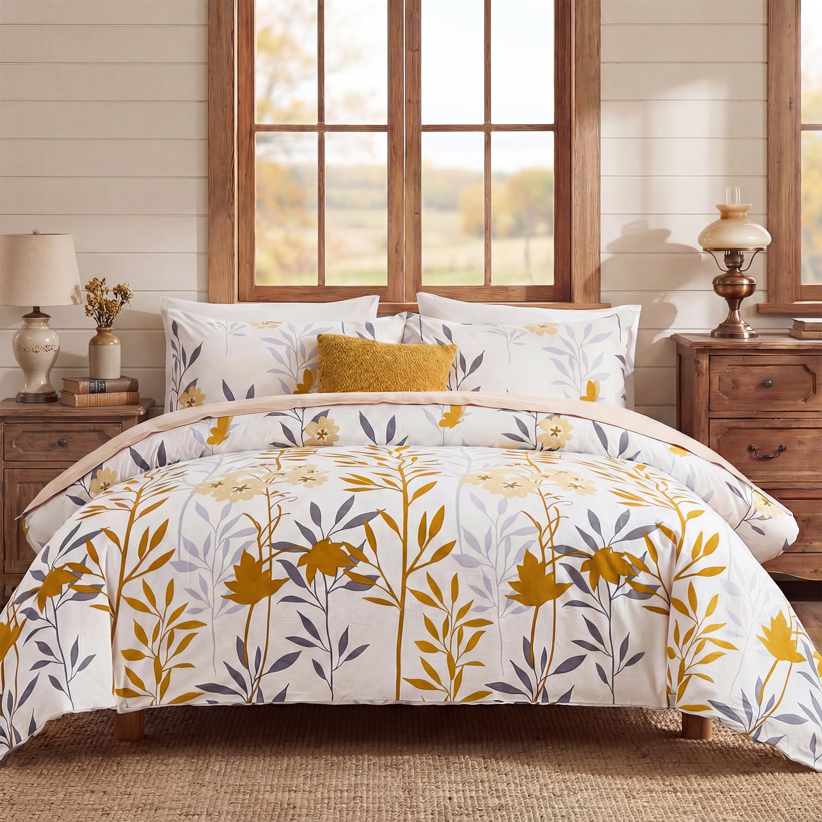 100% Natural Cotton Comforter Set Queen 3 Pcs Grayish Blue Bedding Sets with Luxurious Damask Pattern, Reversible Breathable Soft Comforter Sets for All Season