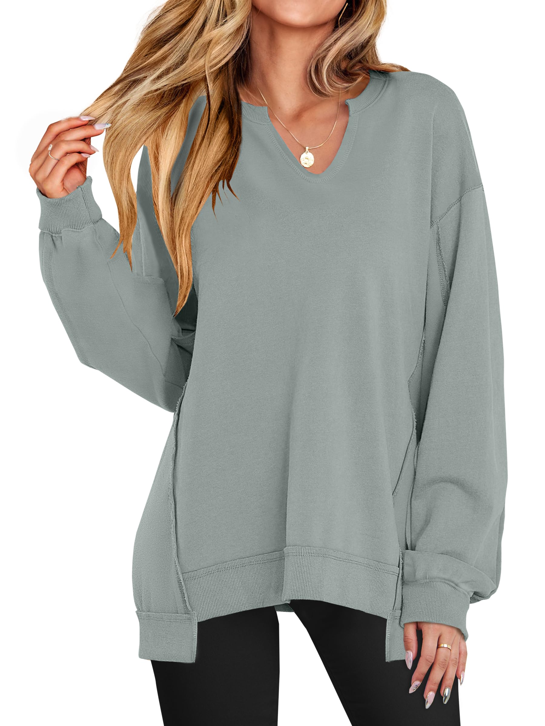 ANRABESS Women's Long Sleeve V-Neck Oversized Sweatshirts | Soft Lightweight Loose Fit Pullover Tops, Casual School Workout Office Tunic Shirts, Teen Girls Outfit, Fall Winter Clothes