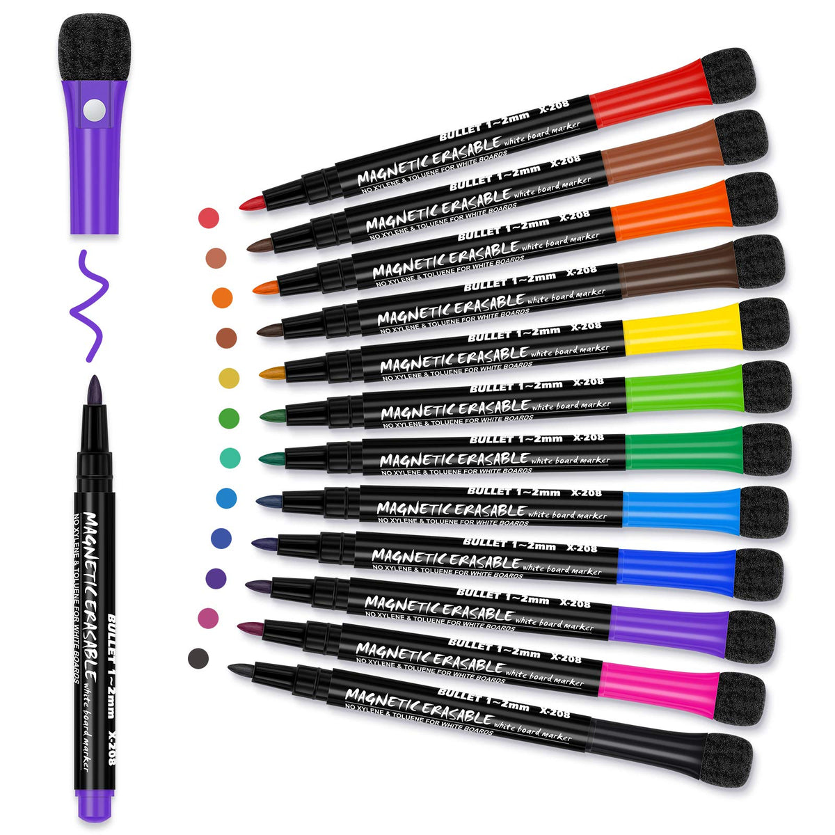 Magnetic Dry Erase Markers Fine: 12 Colors Erasable Whiteboard Markers Fine Point with Eraser Cap, Low Odor White Board Dry Erase Pens Fine Tip for Kids & Teachers, Home, Office and School Supplies