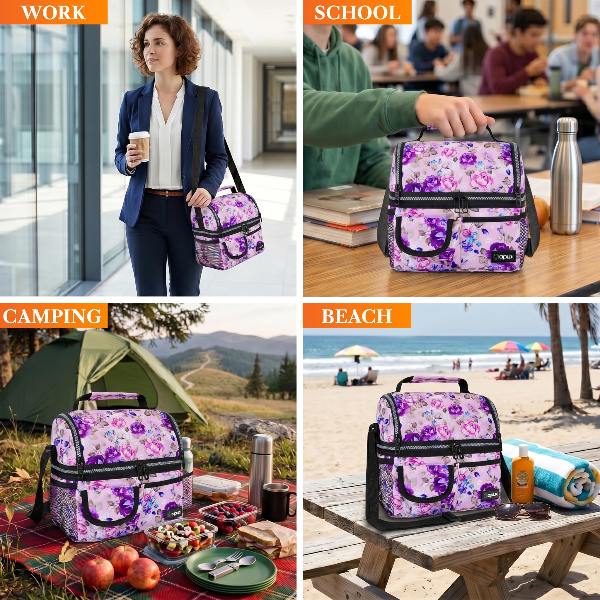 opux Insulated Lunch Bag Women Men, Dual Compartment Leakproof Lunch Box Adults Kids, Double Decker Meal Prep Bento Lunch Cooler Tote with Shoulder Strap for Work Office School Travel, Black