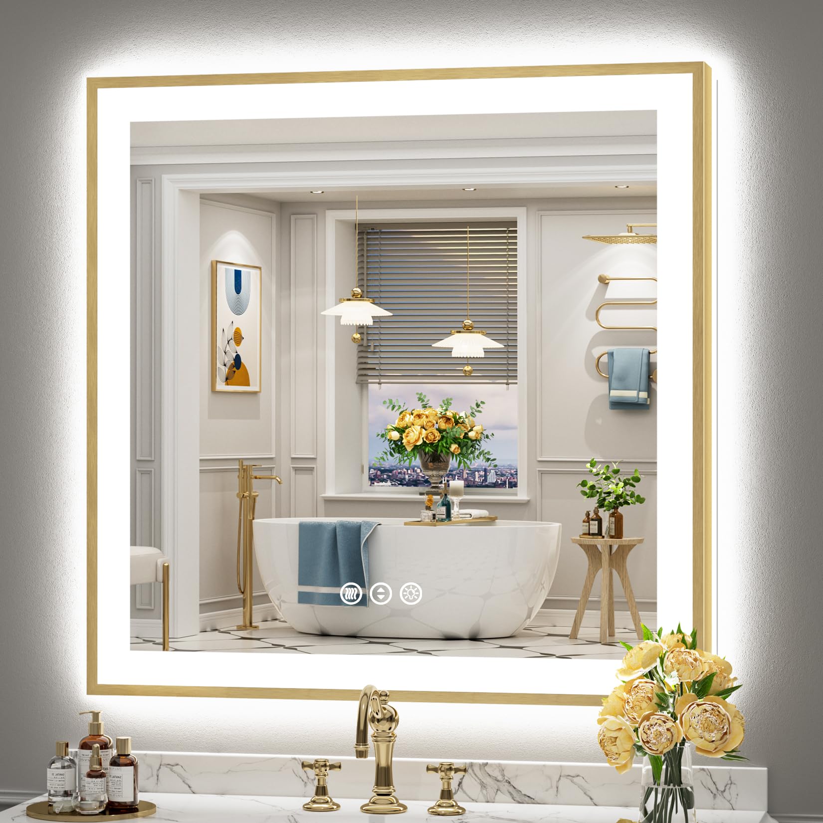 24x36 Gold Beveled LED Bathroom Mirror with Lights, Brushed Gold Framed Backlit and Front Lit Anti-Fog Lighted Vanity Mirrors for Bathroom Wall, Dimmable, 3 Colors, Memory, HD Tempered Glass
