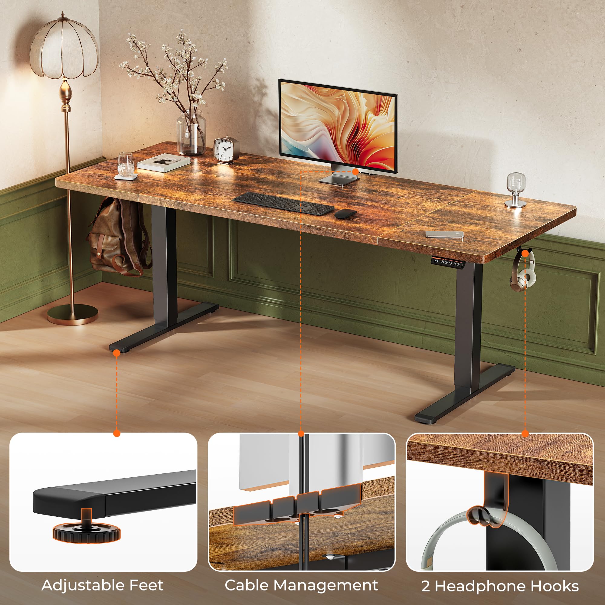 Huuger 48 x 28 Large Electric Standing Desk, Height Adjustable Desk, 27.6" Deep Desktop, Stand up Gaming, 2 Hooks, 3 Preset Heights, for Home Office, Black