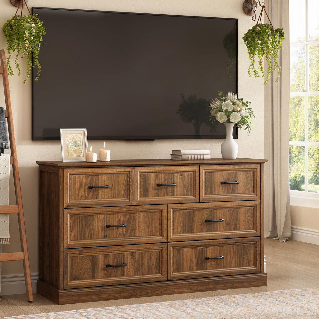 Farmhouse 5 Drawers Dresser for Bedroom, 44" Tall Brown dresser Wood Rustic Chest of Drawers with Wide Metal Handle,Natural Texture,Drawer Organizer for Bedroom,Living Room,Hallway and Entryway