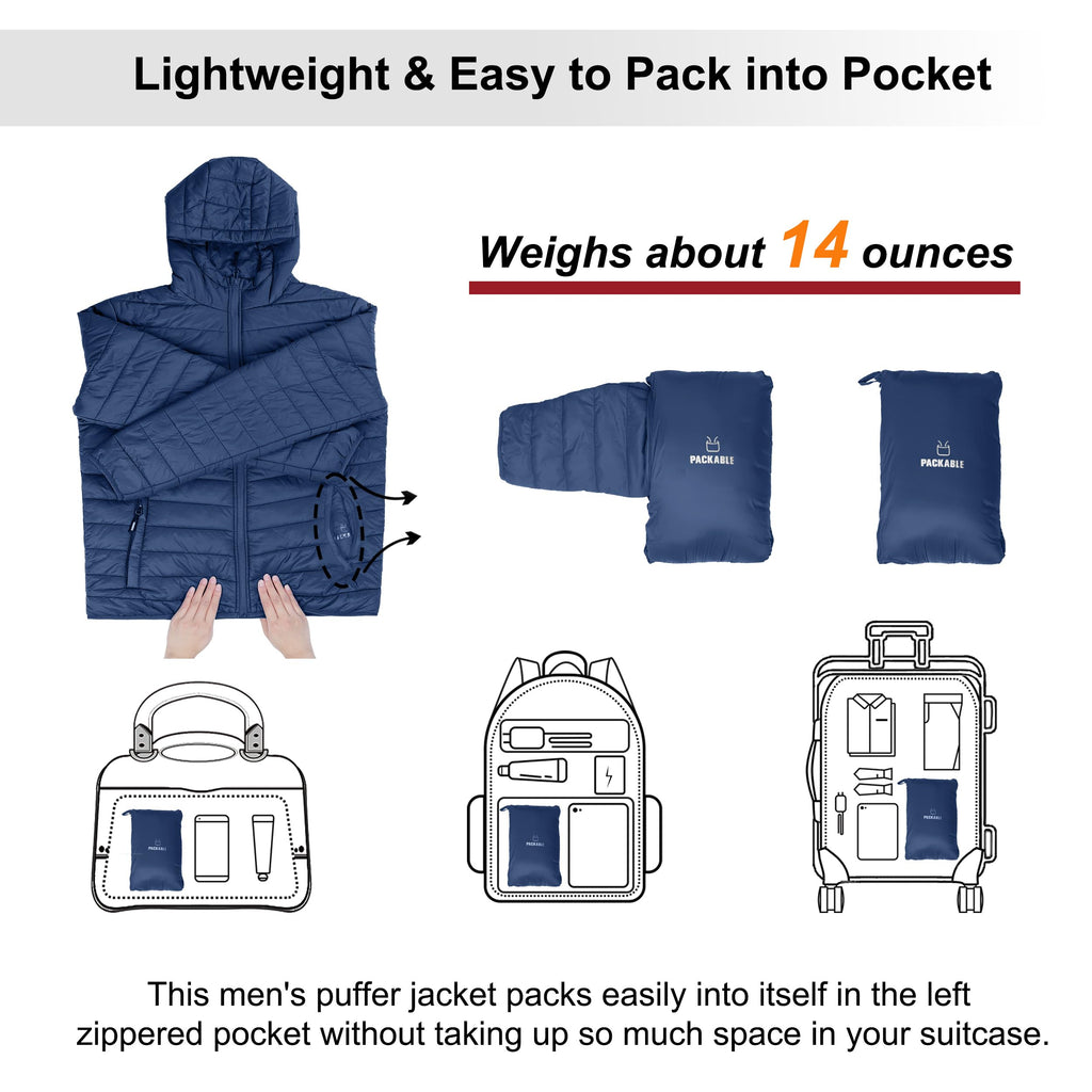 Outdoor Ventures Men's Lightweight Packable Hooded Puffer Jacket Insulated Winter Coat for Snow Ski Traveling