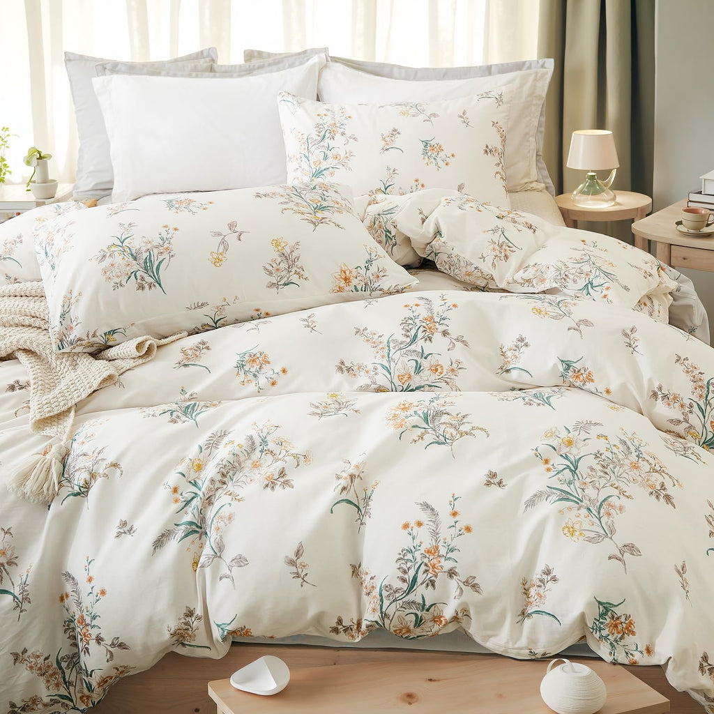 100% Natural Cotton Comforter Set Queen 3 Pcs Grayish Blue Bedding Sets with Luxurious Damask Pattern, Reversible Breathable Soft Comforter Sets for All Season