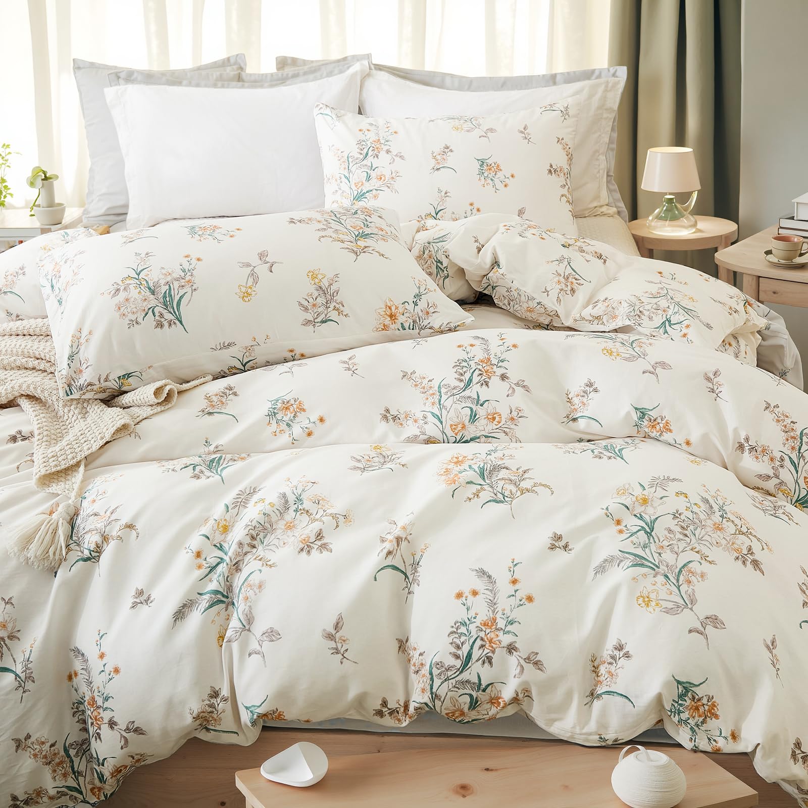 100% Natural Cotton Comforter Set Queen 3 Pcs Grayish Blue Bedding Sets with Luxurious Damask Pattern, Reversible Breathable Soft Comforter Sets for All Season