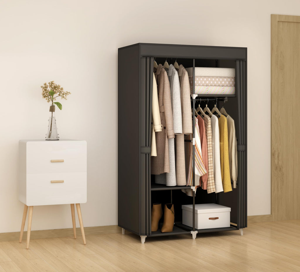 MOGELAFOO Portable Closet Wardrobe for Small Room, 35-Inch Clothing Organizer Storage Rack with 2 Clothes Hanging Rods and 4 Shelves, Non-Woven Fabric Cover, Black