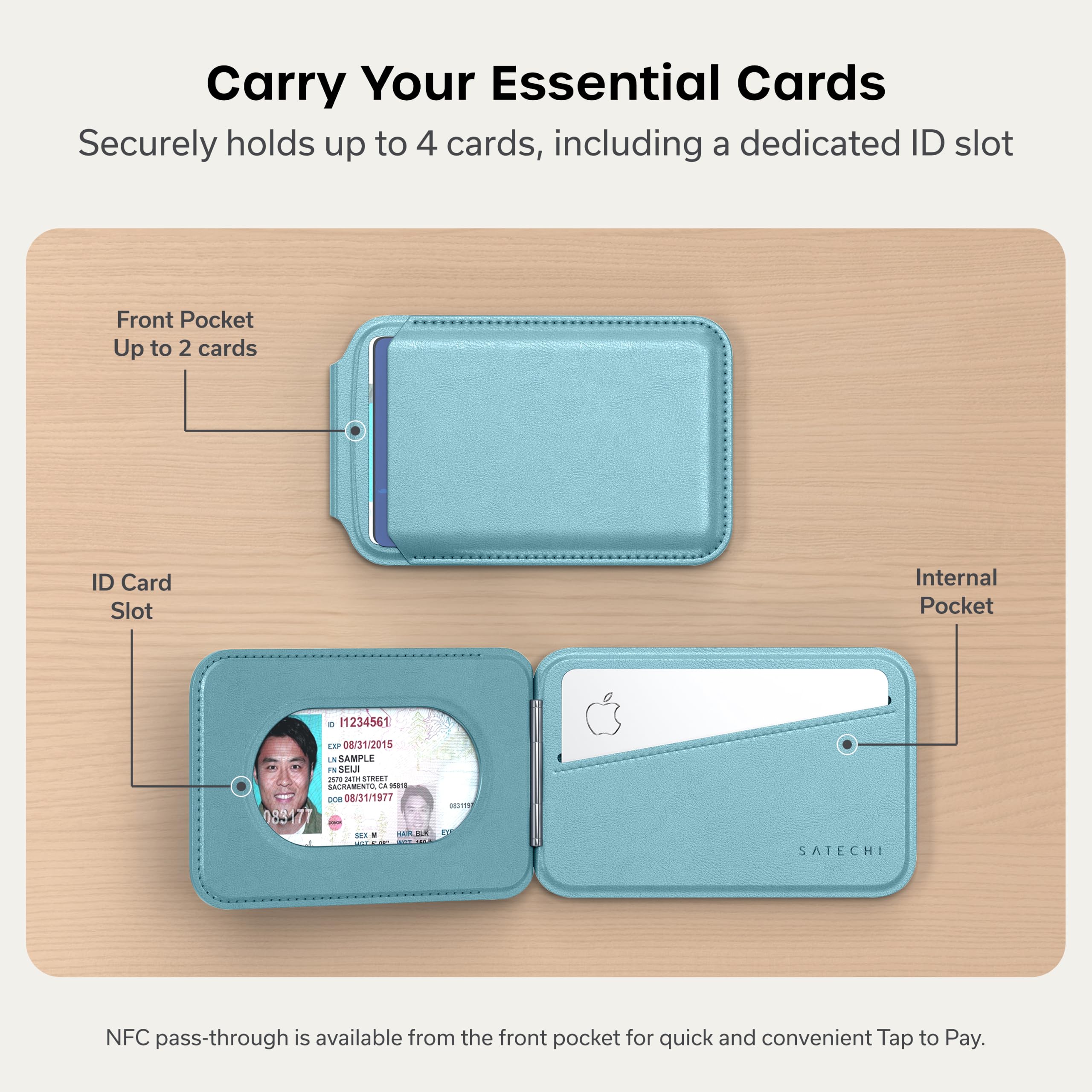 Satechi Magnetic Magsafe Wallet, Double Flap Stand Card Holder, 4 Slots with Front NFC Pass-Through, Adjustable Phone Attachment for iPhone 17/16/15/14/13/12, Travel Accessory
