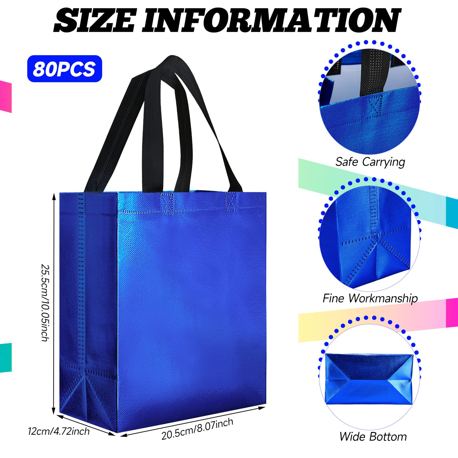 Eccliy 80 Pcs Reusable Gift Bags Set Glossy Grocery Gift Tote Bag with Hadnle for Wedding, Father's Day, Graduation, Summer Event (10 x 8 x 4.7 Inch,Black)