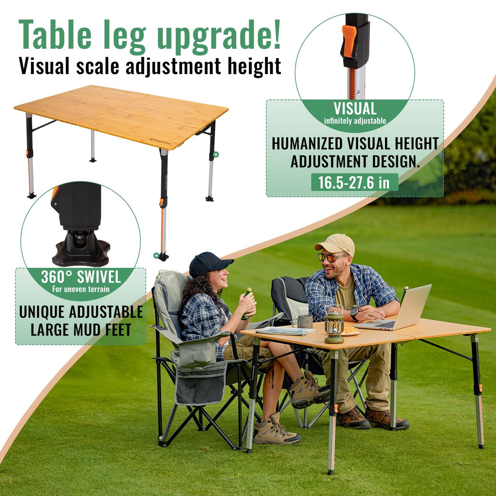 KingCamp Bamboo Folding Table, 4-Fold Camping Adjustable Height Portable Outdoor Lightweight & Compact Table with Aluminum Frame for RV Picnic BBQ Tailgating