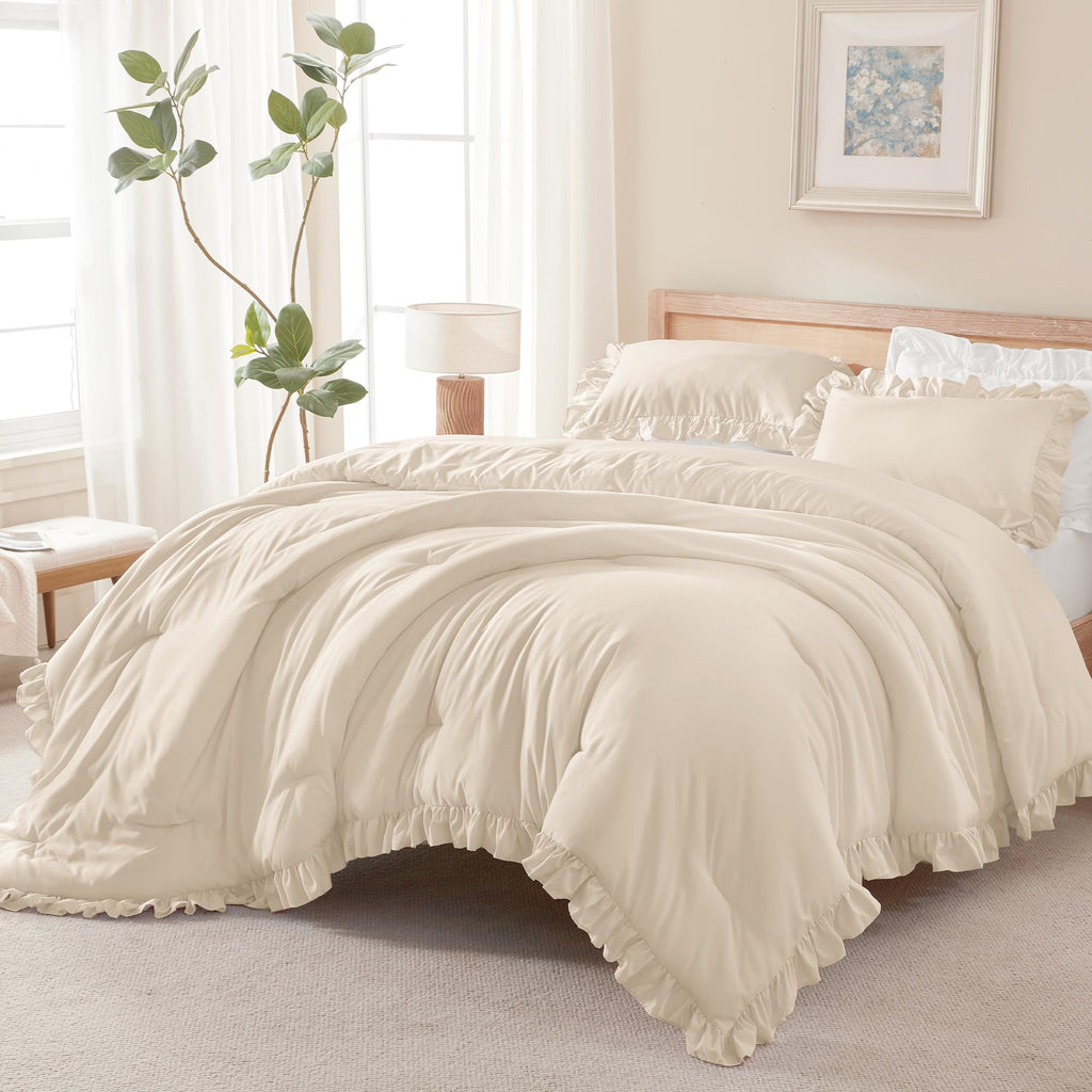 Andency Beige Twin Size Ruffle Comforter, 2 Pieces Farmhouse Shabby Classic Bed Set for Kids, Lighteweight Soft Polyester Bedding Set for Girls(1 Ruffle Comforter and 1 Pillowcase)