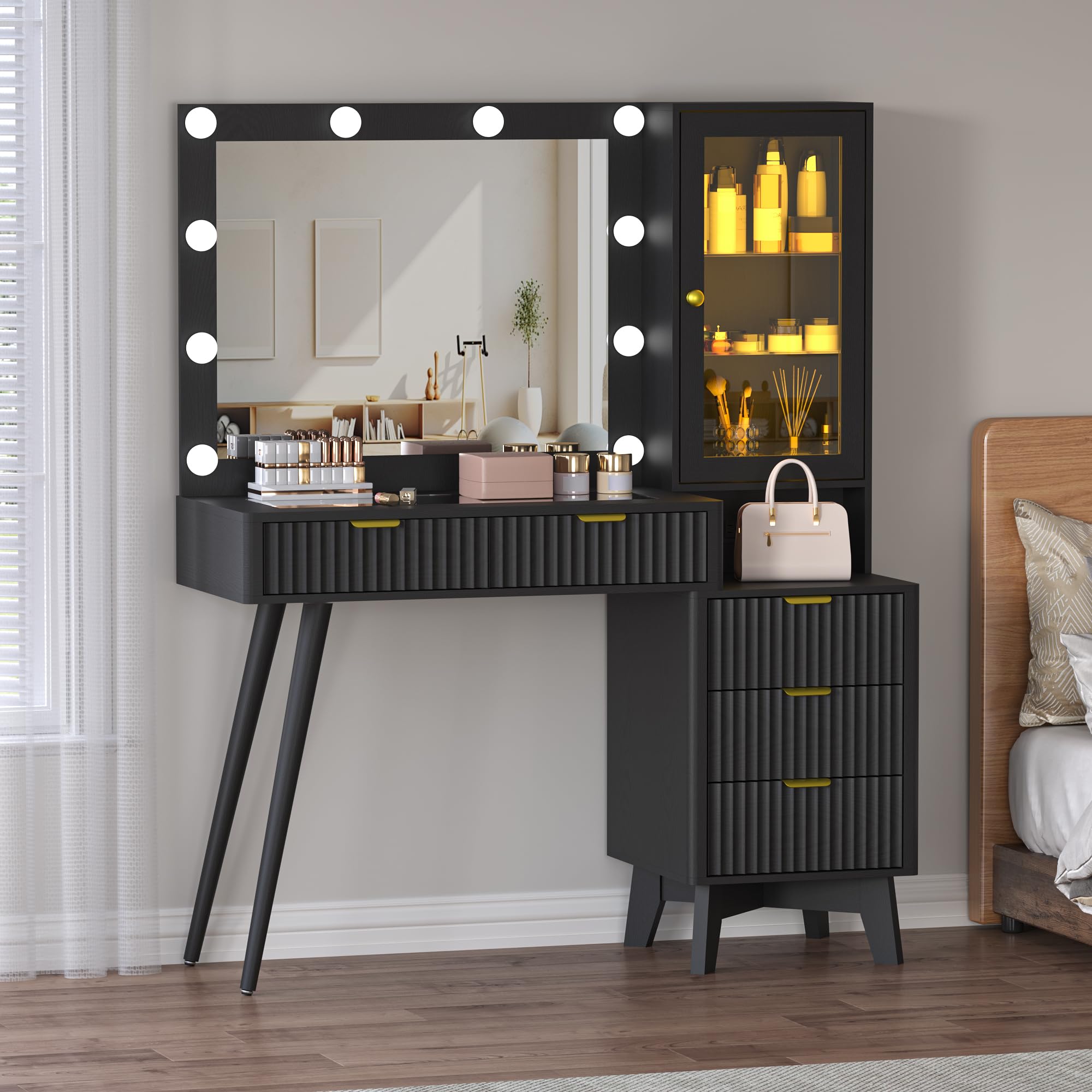 BORNOON 45” Fluted Makeup Vanity Desk with Mirror and Lights, Glass Top Dressing Table with 5 Drawers, LED Lighted Adjustable Cabinet, Trays & Charging Station for Bedroom Dressing Room