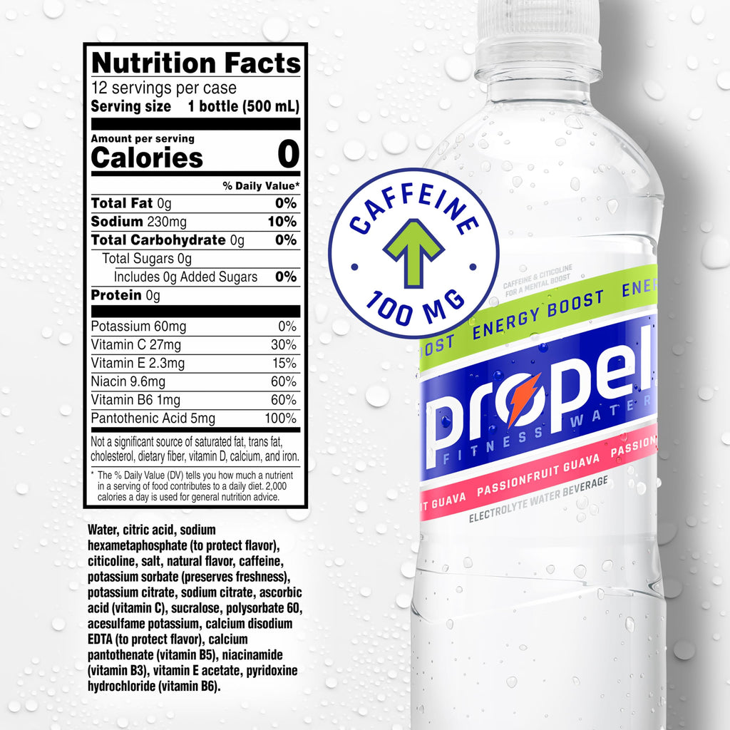 Propel Energy Boost Zero Calorie Flavored Water with Electrolytes and Caffeine, 3 Flavor Variety Pack, 16.9 fl oz Bottles (12 Pack)