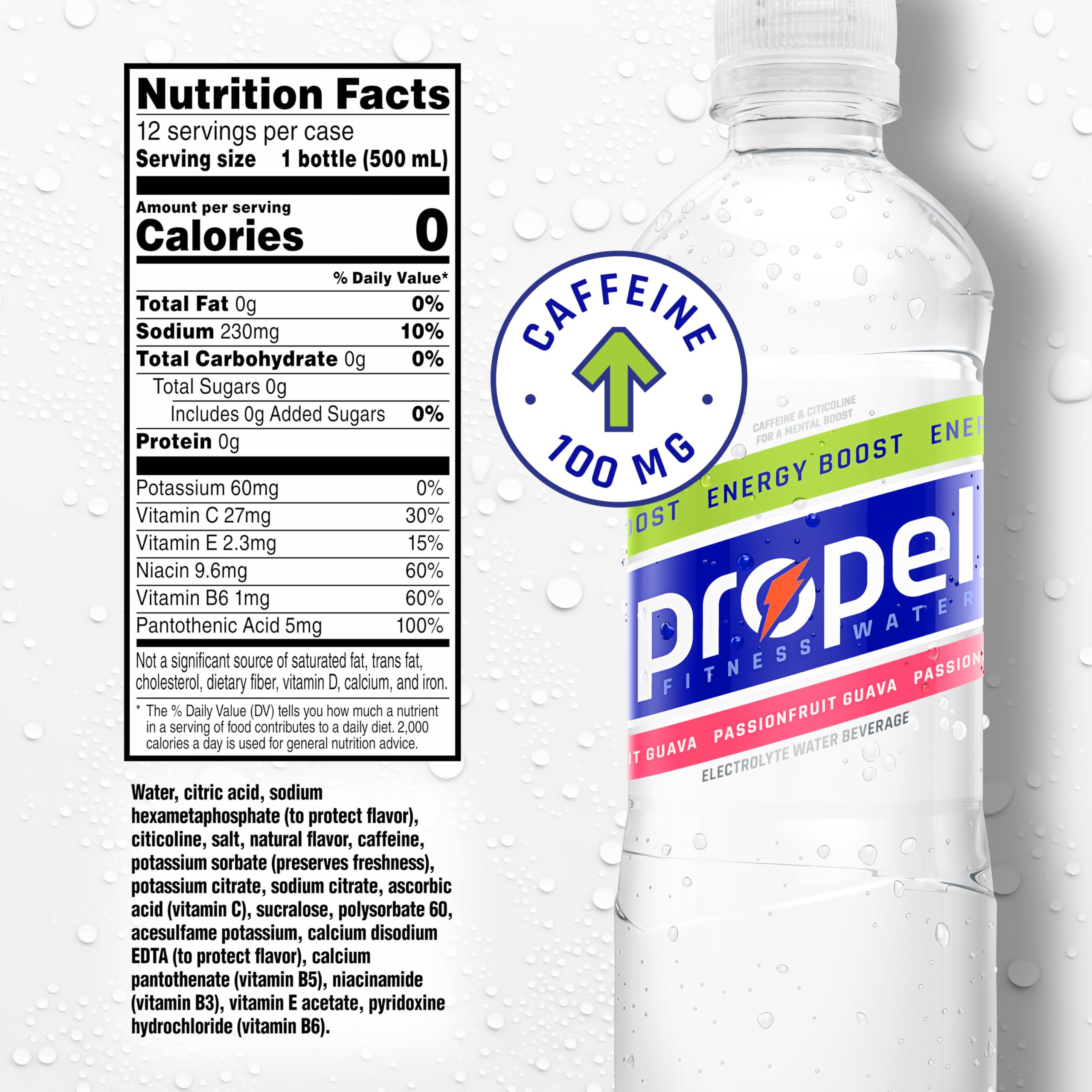 Propel Energy Boost Zero Calorie Flavored Water with Electrolytes and Caffeine, 3 Flavor Variety Pack, 16.9 fl oz Bottles (12 Pack)
