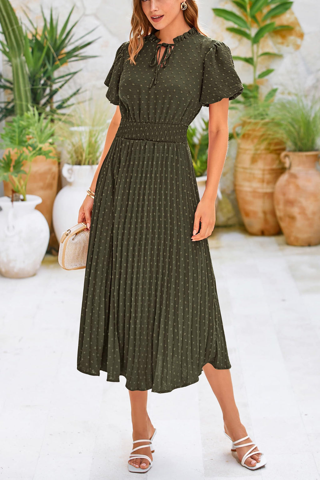 PRETTYGARDEN Womens Summer Midi Dresses Puff Short Sleeve V Neck Swiss Dot Pleated A Line Flowy Long Wedding Guest Dress