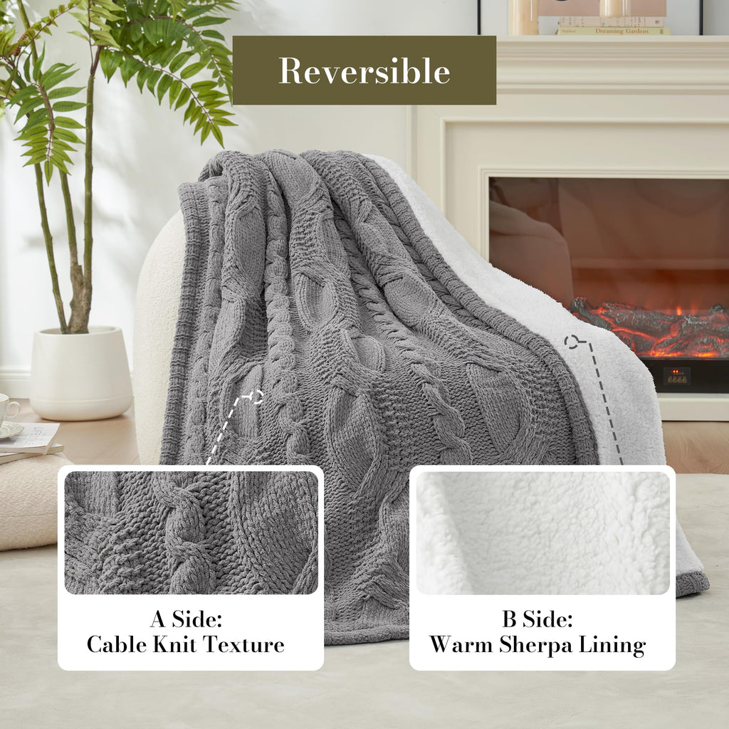 Amélie Home Cable Knit Throw Blanket for Couch, Chenille Sherpa Soft Cozy Throw Blankets for Sofa Chair Comfortable Home, 50"x60", Gray