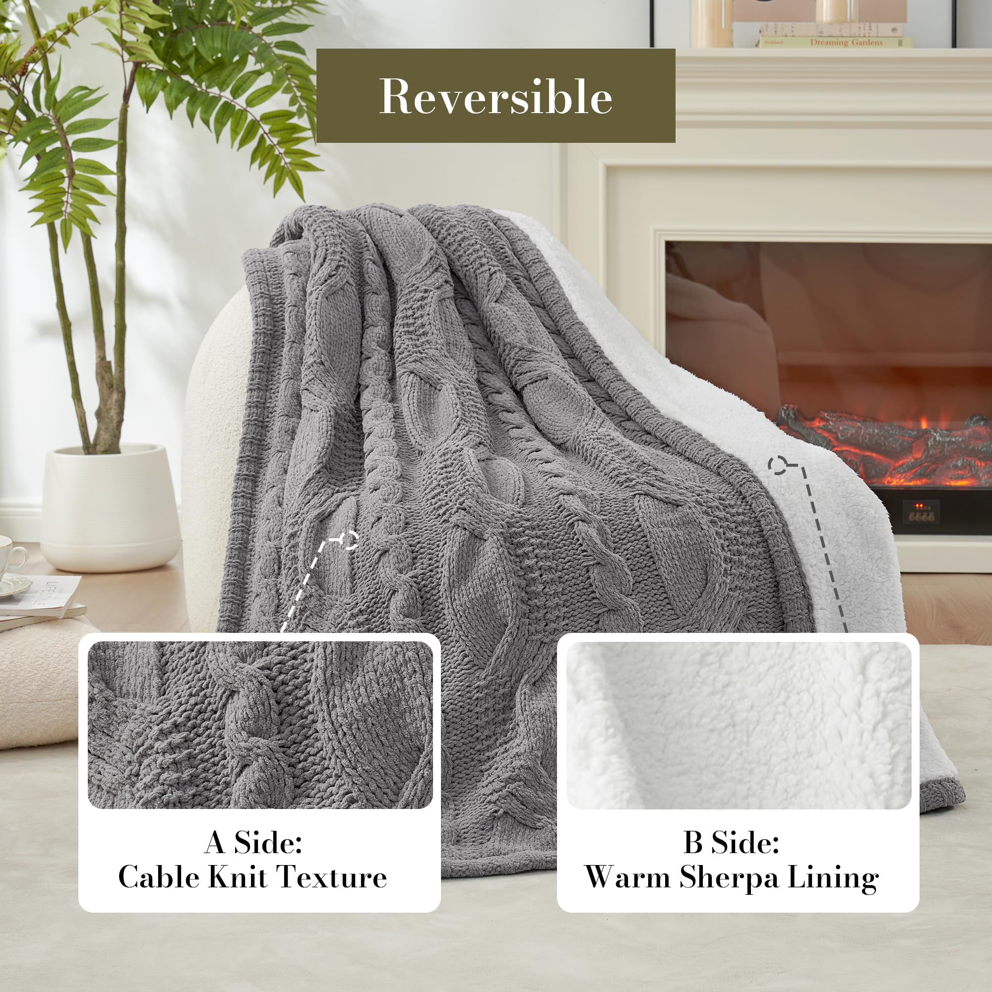 Amélie Home Cable Knit Throw Blanket for Couch, Chenille Sherpa Soft Cozy Throw Blankets for Sofa Chair Comfortable Home, 50"x60", Gray