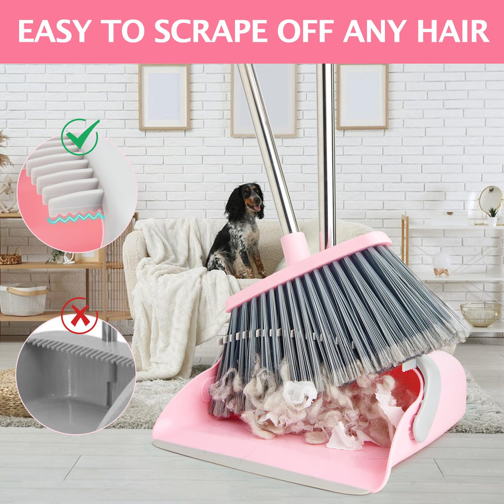 Broom and Dustpan Set with Long Handle, Heavy Dust Broom and Dustpan Combo for Home，Kitchen, Office, Pet Hair(Beige)
