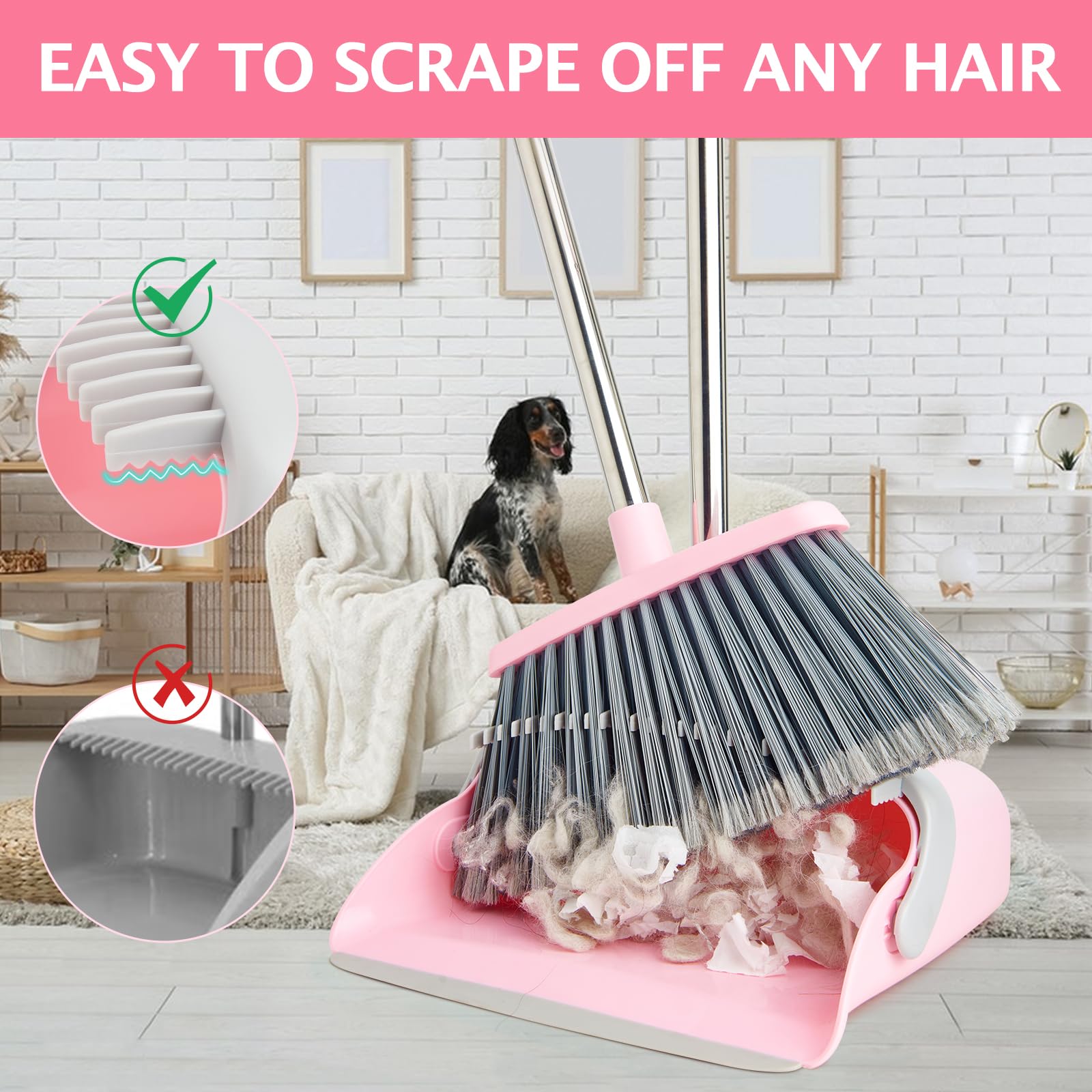 Broom and Dustpan Set with Long Handle, Heavy Dust Broom and Dustpan Combo for Home，Kitchen, Office, Pet Hair(Beige)