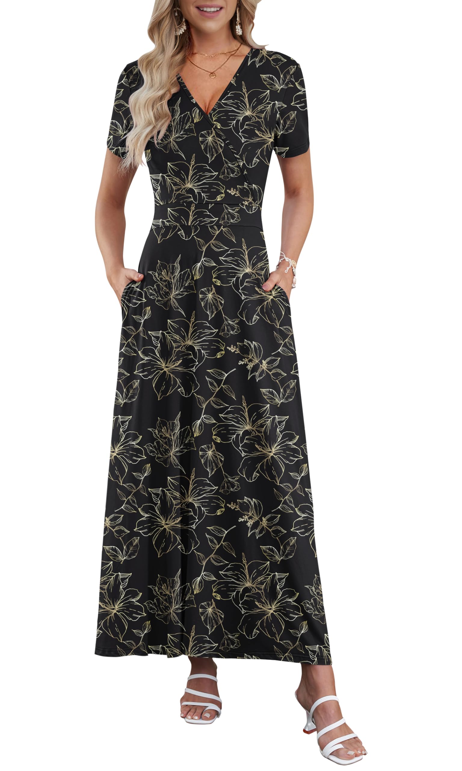 AUSELILY Maxi Dresses for Women Ankle Length Floral Print Beach Long Flowy Dress with Pockets