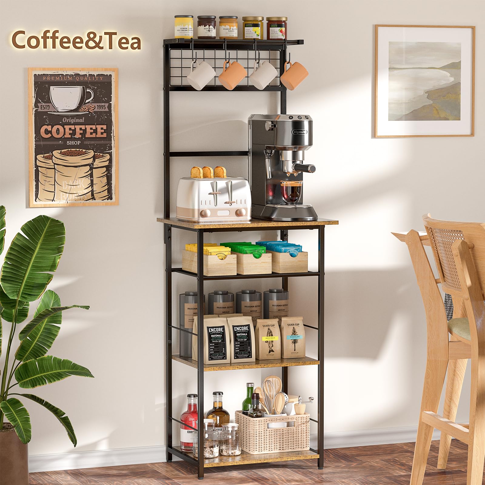 5 Tier Coffee Bar Station, Kitchen Stand with 4 S-Shaped Hooks, Farmhouse Corner Coffee Bar Cabinet for Small Spaces, Bakers Rack for Kitchen, Entryway, Living Room, 13.43"D x 18.93"W x 53.31"H