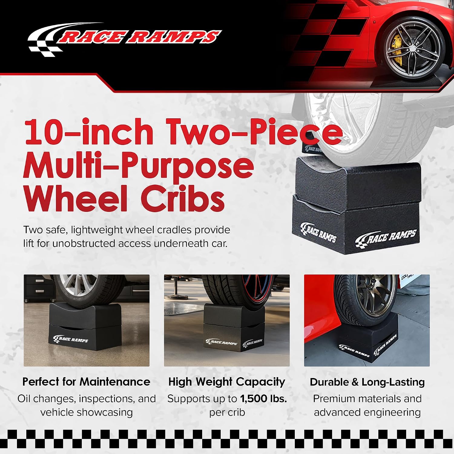 Race Ramps 2-Pack RR-WC-10-2 Car Wheel Cribs, Lightweight & Non-Scratch for Maintenance & Display, 10" - Portable Automotive Platform Riser for Oil Changes and Garage Use