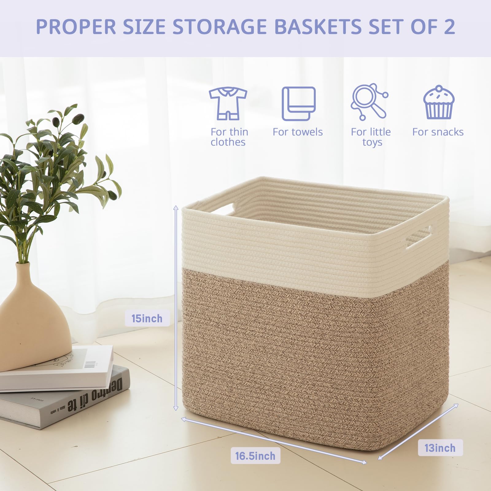 OIAHOMY Storage baskets for Shelf, Toy Storage Basket, Collapsible Storage Bins, Blanket Basket Living Room, Closet Storage for Bedroom, 15 x 9.8 x 11.8 Inches-Pack of 2-Brown, FSB-H-P-02
