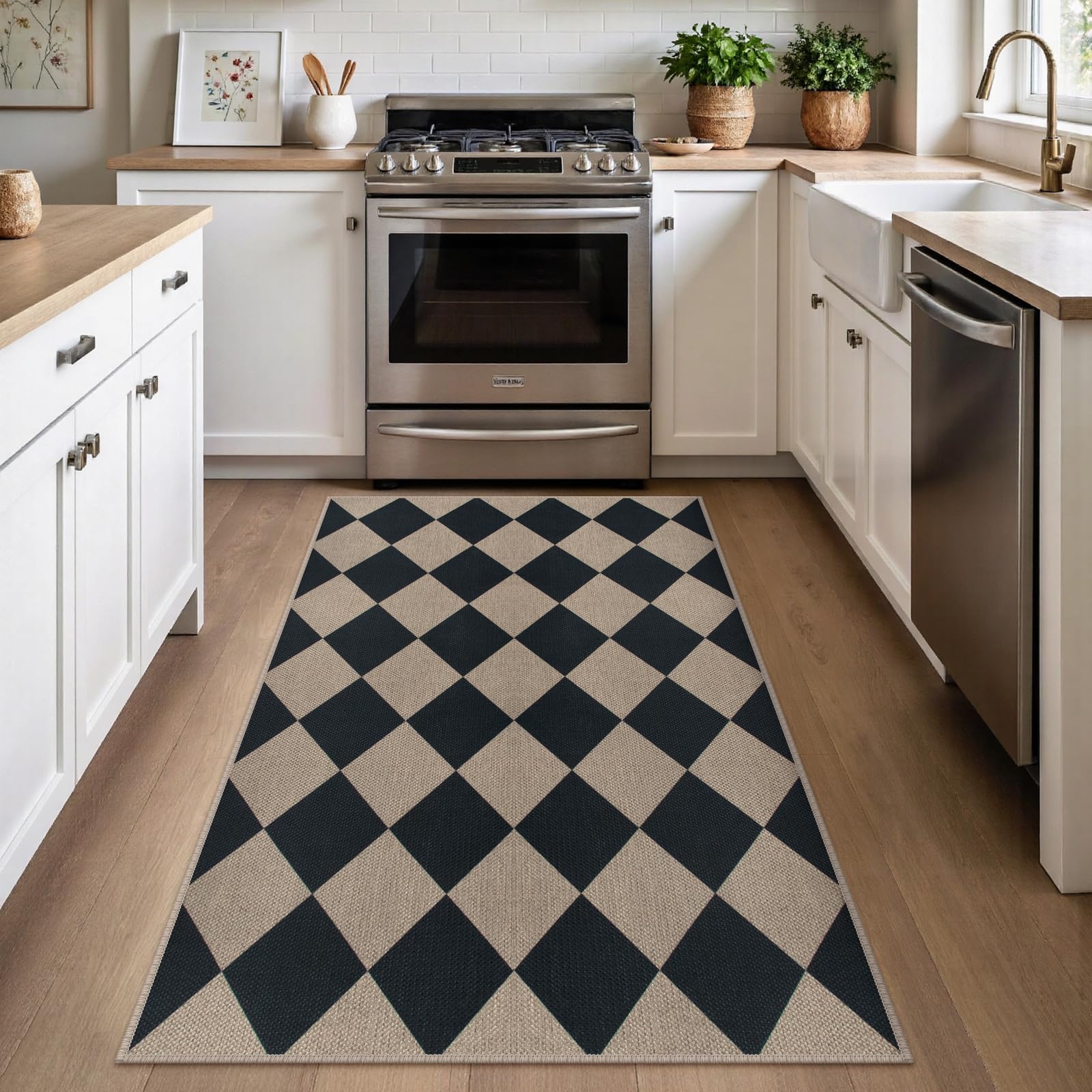 Rugalia Easy Jute Checkered Entryway Rug, 2x3 Black Modern Indoor Outdoor Doormat, Washable Non-Slip Neutral Small Kitchen Rug Farmhouse Diamond Throw Rugs for Entrance Bedroom Bathroom
