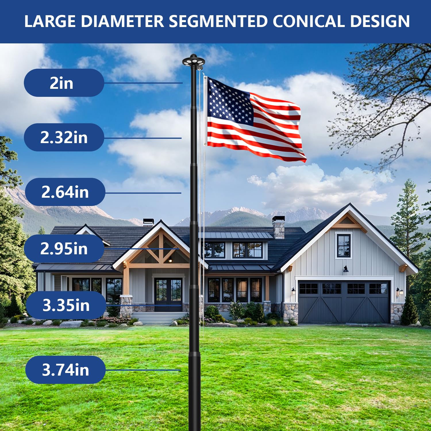 Upgraded 10 Gauge 20FT Heavy Duty Flag Pole Kit with 136 LED Solar Light, Extra Thick Flagpole for Outside House in Ground, Bottom 3 mm Thick & Width 3.35 in, 120MPH Wind Rated